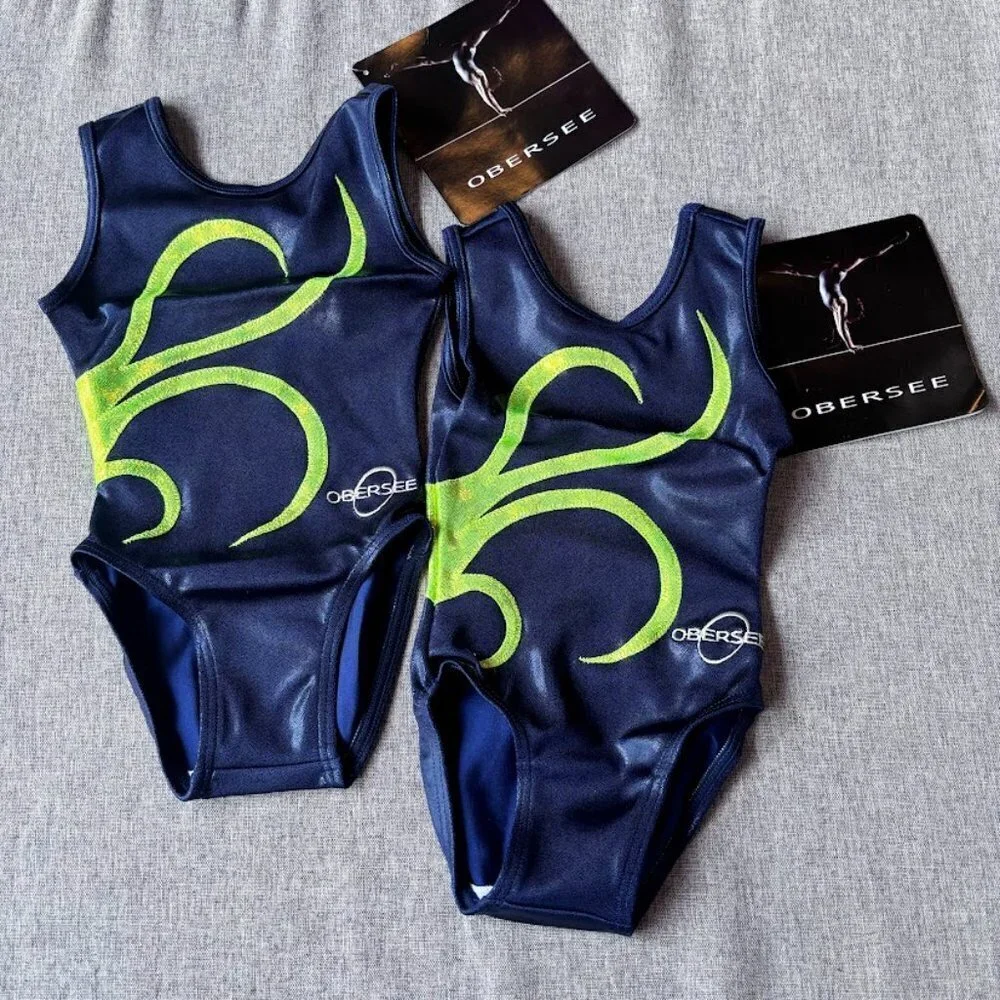 2 Pcs Obersee Girl's Gymnastics Leotards, Navy/Green Strands, Child XXS